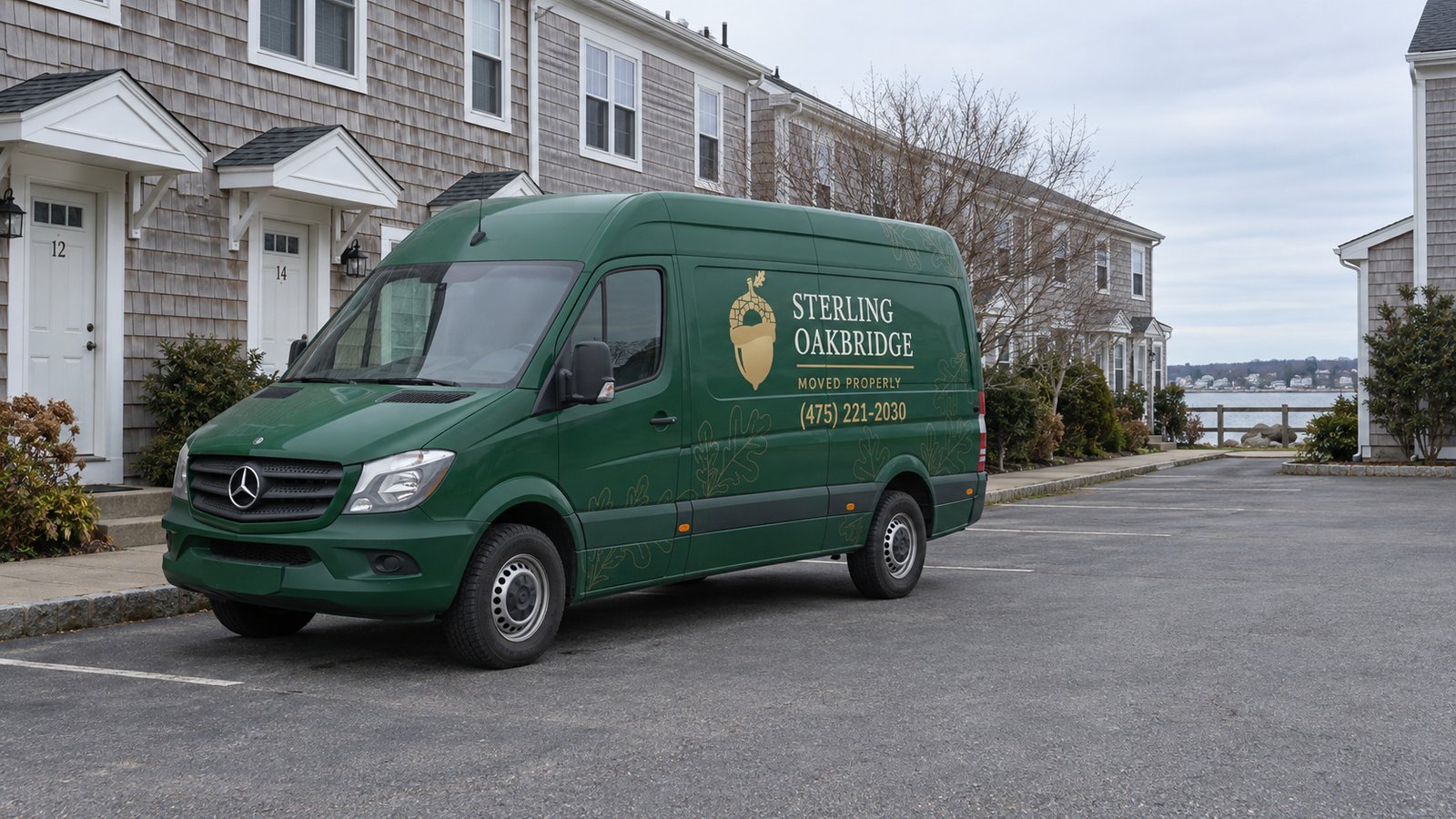 Planning a shared loading area A dark green Sterling Oakbridge van parked beside a row of townhouse entrances