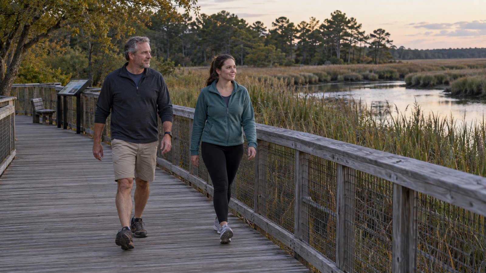 Two adults walking along a boardwalk beside a tidal creek and reeds