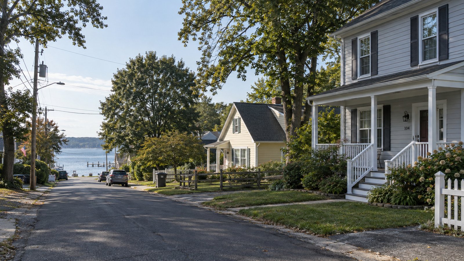 Planning a Chesapeake Beach residential move A shaded residential street with porch-front houses and water visible in the distance