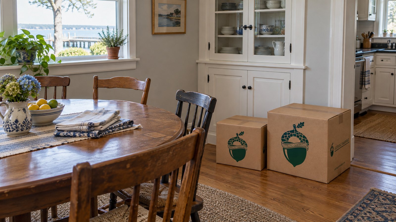 A dining table and built-in cupboard with two differently sized kraft moving cartons nearby