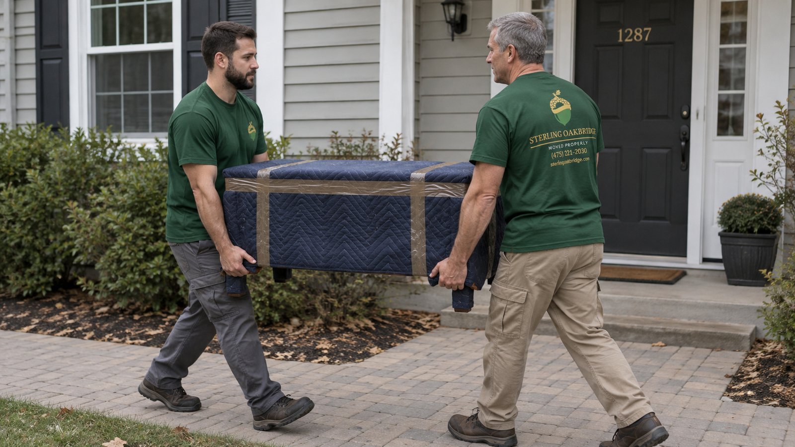 Carrying protected furniture Two Sterling Oakbridge movers carrying a blanket-protected piece of furniture along a paved path