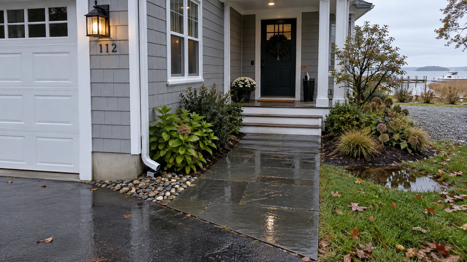 A wet paved approach leading to a sheltered porch, with a downspout and shallow puddle beside the path