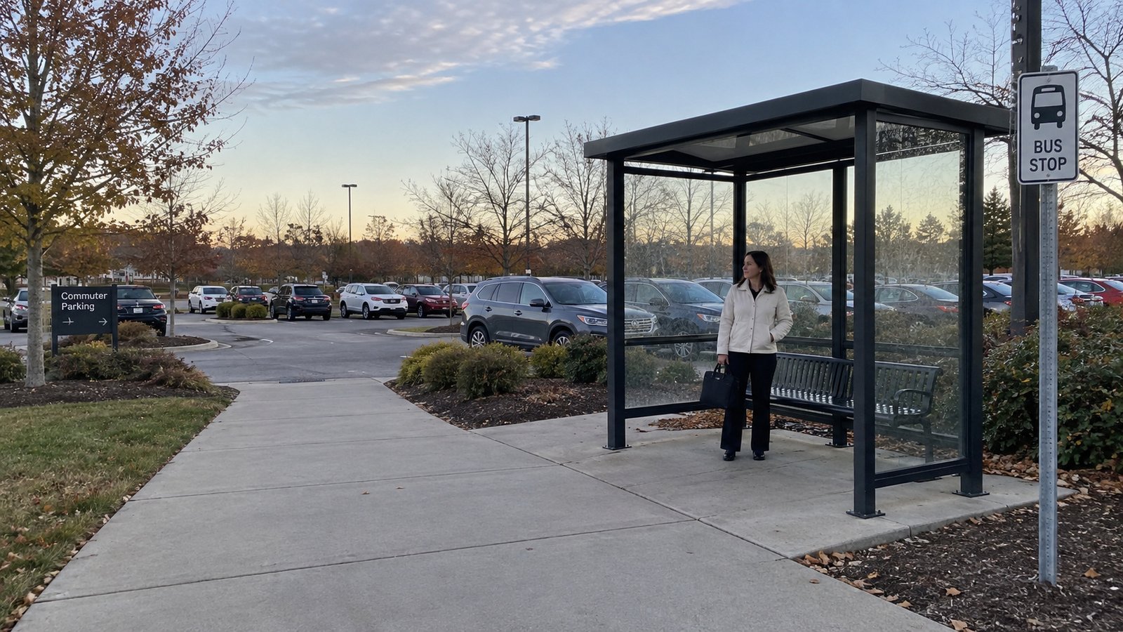 A passenger with a work bag waiting in a glass bus shelter beside a parking lot