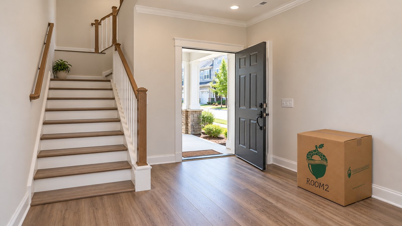 Open townhouse door connects a clear foyer to a complete near stair flight and turning landing. Open townhouse door connects a clear foyer to a complete near stair flight and turning landing.