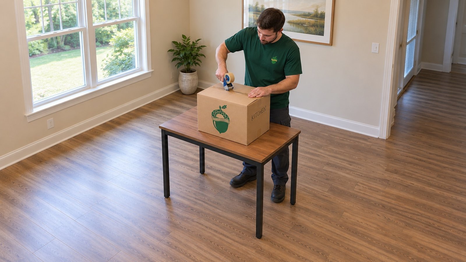 Mover in a green shirt tapes a closed KITCHEN carton on a compact table with all four feet visible. Mover in a green shirt tapes a closed KITCHEN carton on a compact table with all four feet visible.