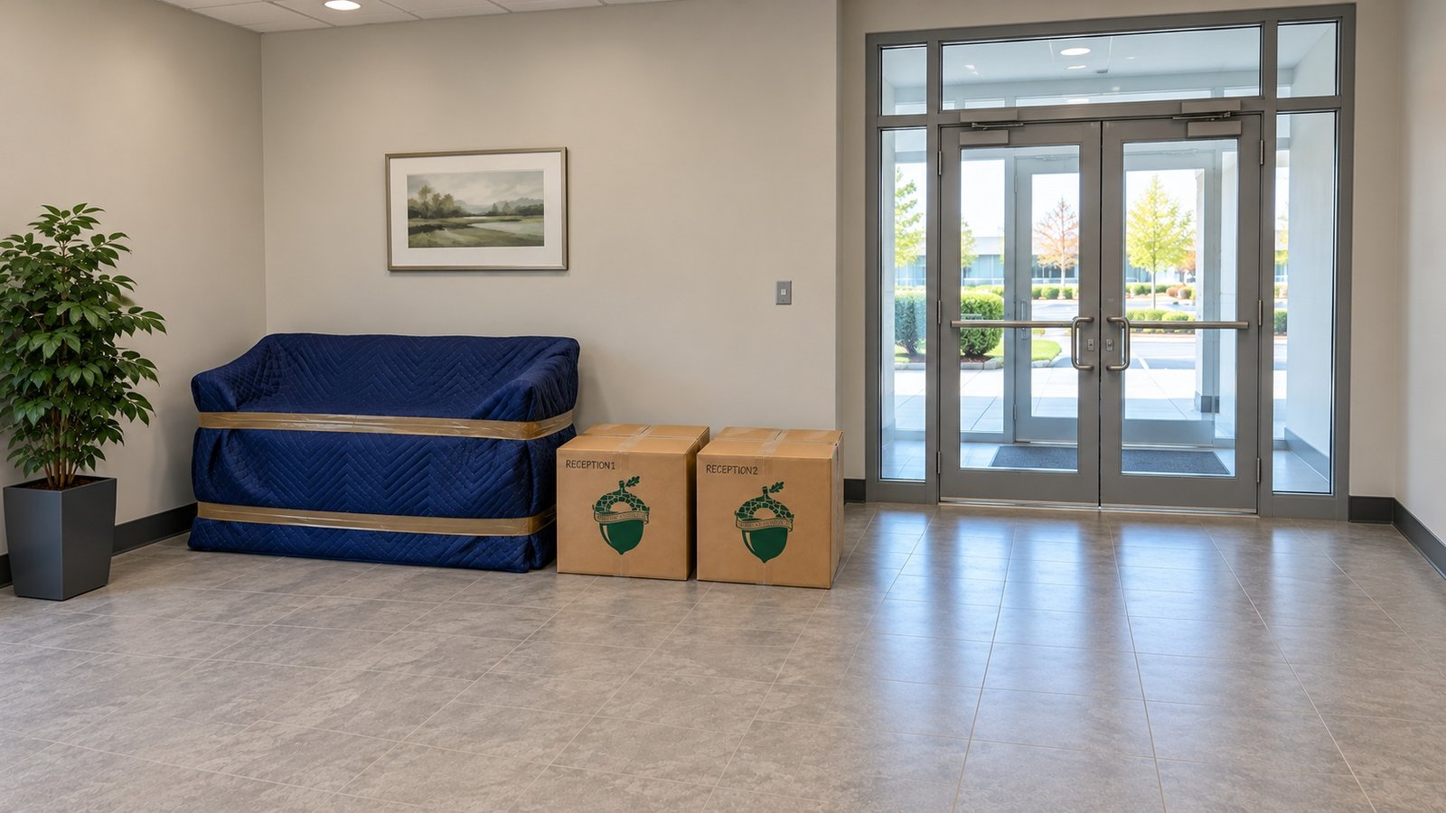 Quilt-protected reception bench and two sealed RECEPTION cartons stand clear of a complete office entrance. Quilt-protected reception bench and two sealed RECEPTION cartons stand clear of a complete office entrance.