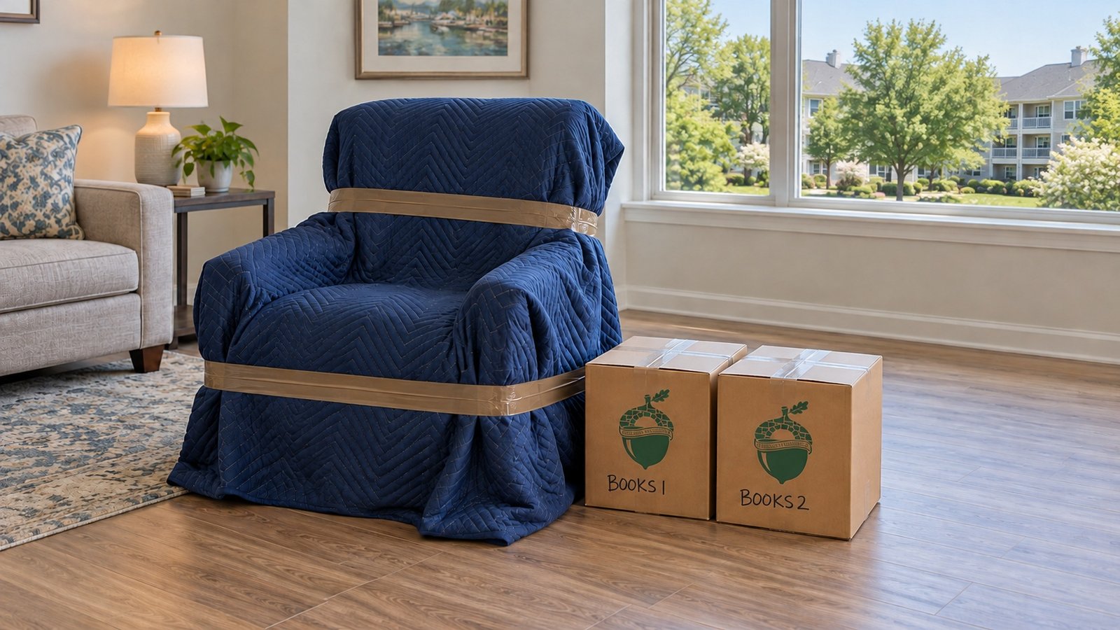 Quilt-protected armchair and two sealed BOOKS cartons stand on a clear condominium room floor. Quilt-protected armchair and two sealed BOOKS cartons stand on a clear condominium room floor.