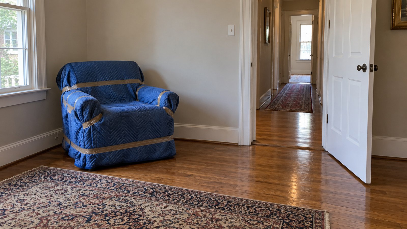Finish protection before carrying A compact armchair covered in quilted moving blankets resting on wood flooring beside a clear doorway into a level hall.