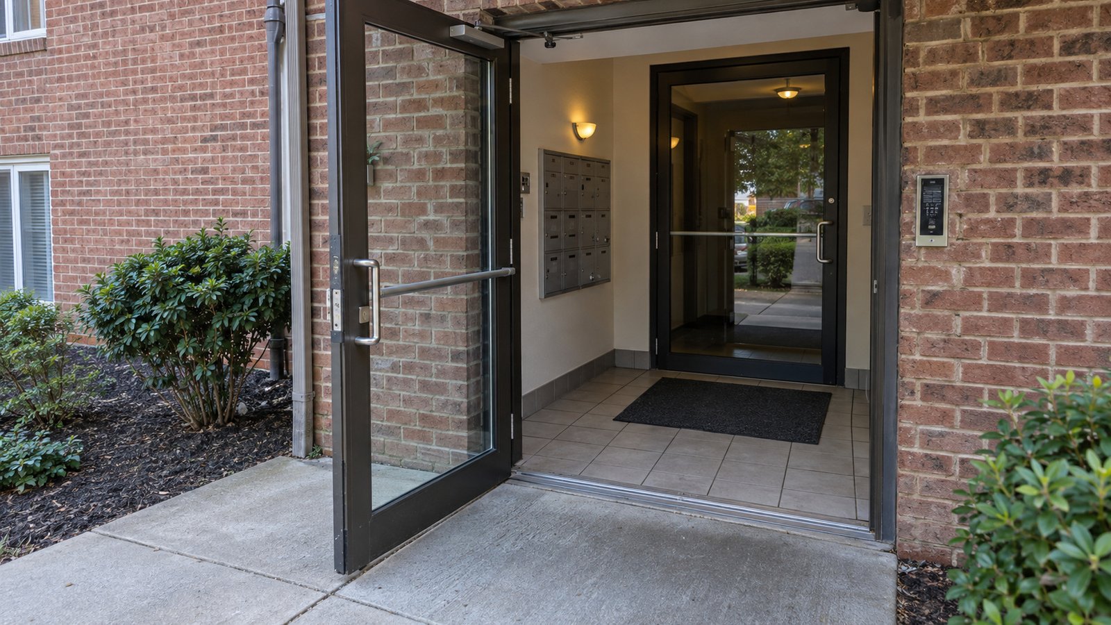 Checking a shared entrance An open glass door leading through a tiled vestibule to a second door