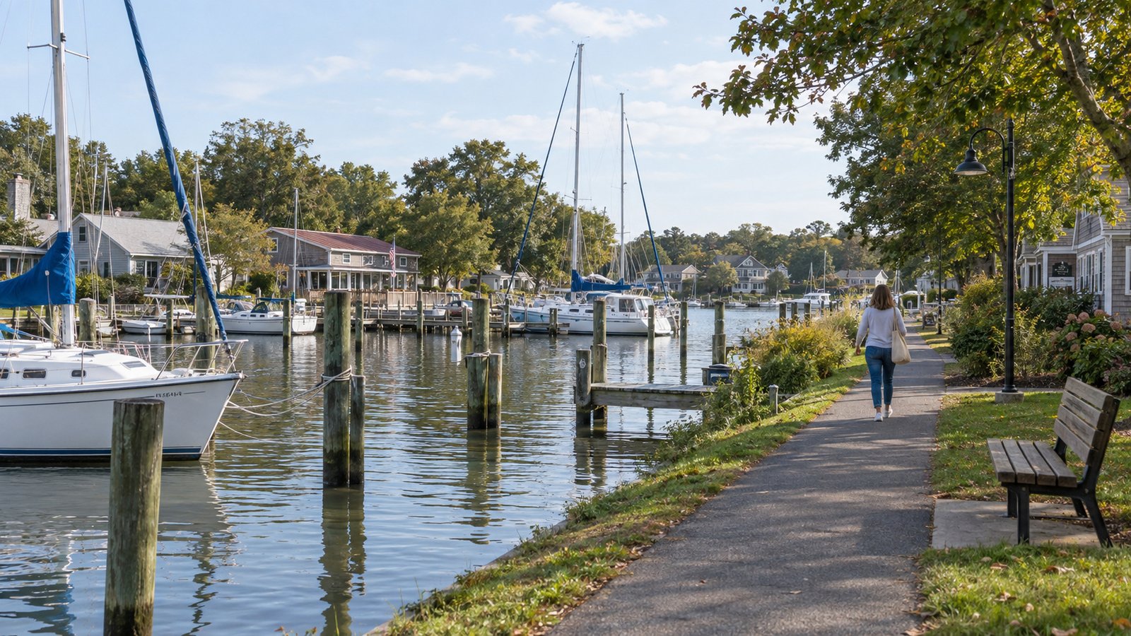 Exploring the waterside setting A pedestrian with a tote walking beside a marina and moored sailboats