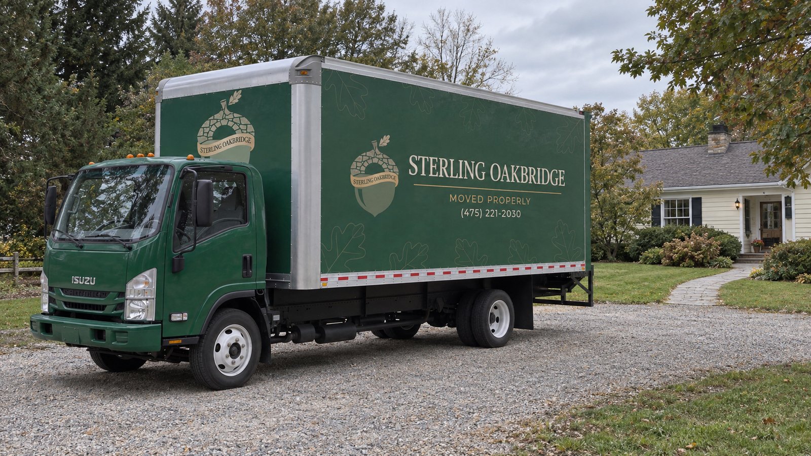 Planning the vehicle position A green Sterling Oakbridge box truck on a gravel turnout beside a house
