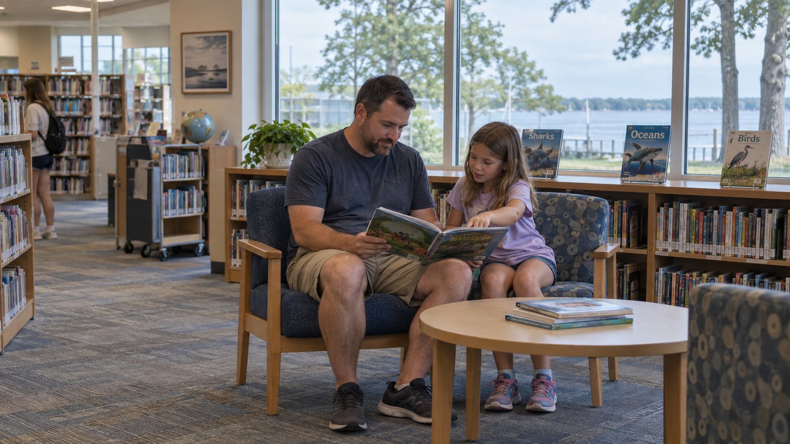 Finding a familiar reading routine An adult and child reading a book together in a library seating area