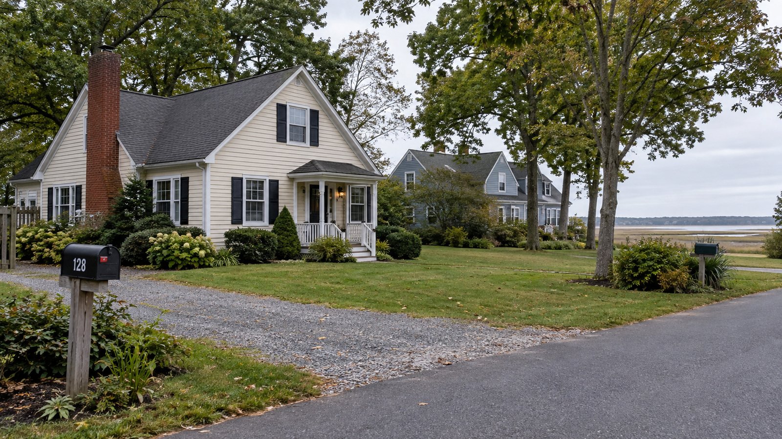 Planning a Chester residential move Porch-front homes beside a grassy yard and gravel driveway, with marshland beyond