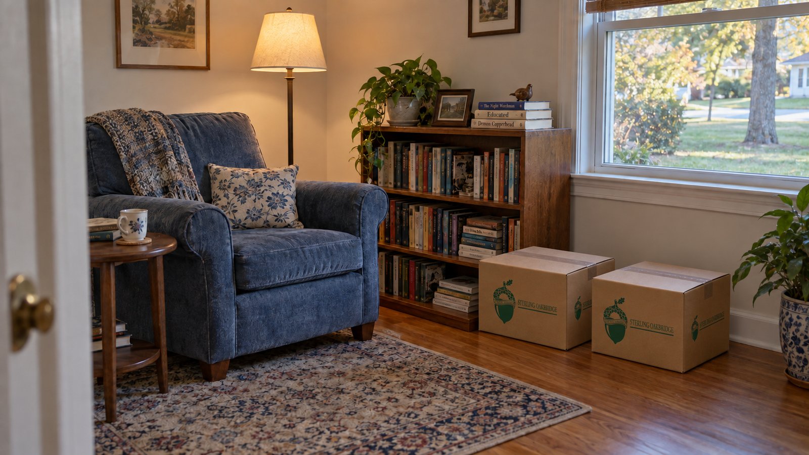 Making room for the belongings you bring A blue armchair and low bookcase with two small kraft moving cartons nearby