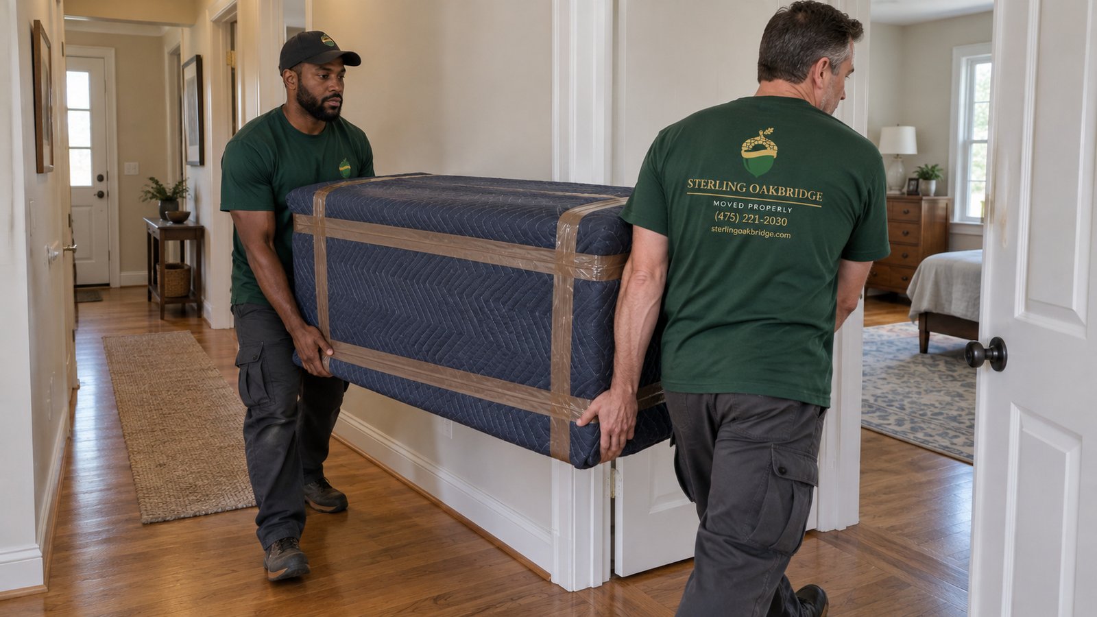 Carrying protected furniture Two Sterling Oakbridge movers carrying blanket-wrapped furniture through a hallway