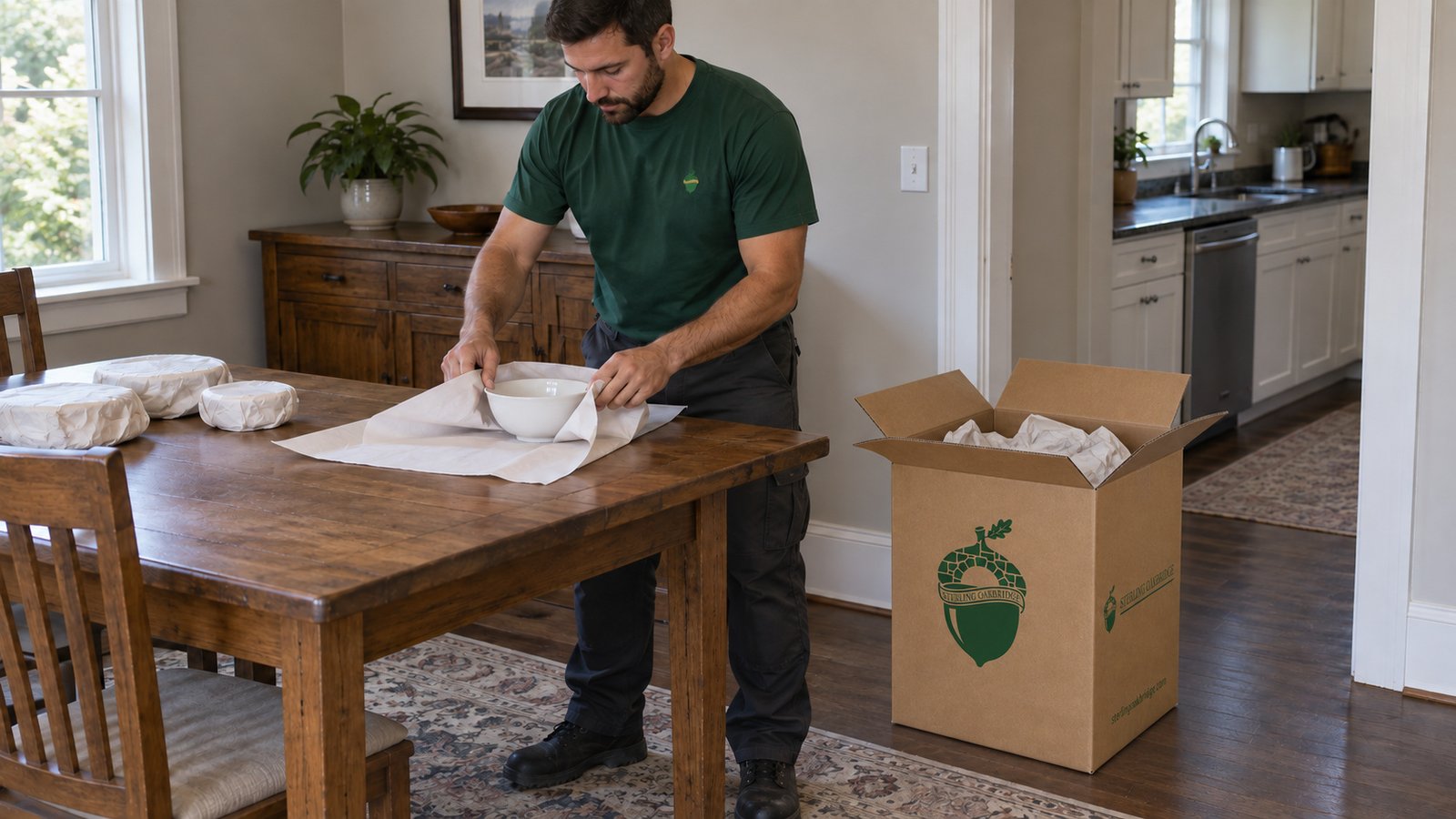 Wrapping dishes for the move A Sterling Oakbridge mover wrapping a ceramic bowl beside an open kraft dish carton