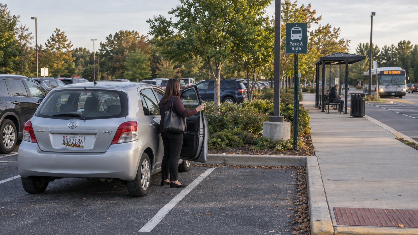 Trying a commuter connection A passenger beside an open hatchback door near a park-and-ride shelter