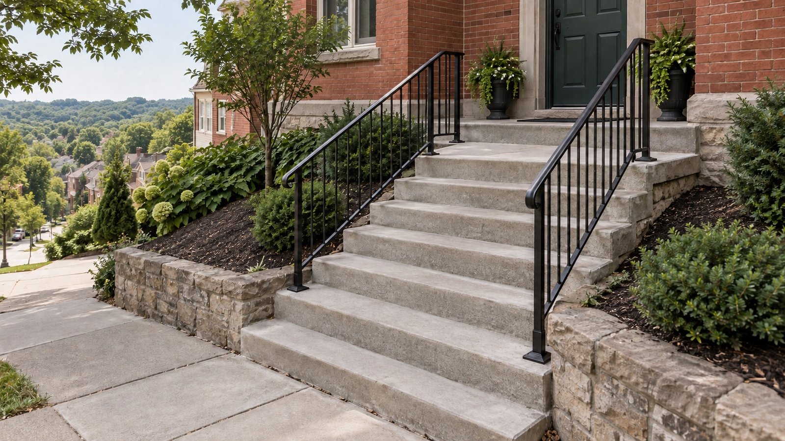 Broad stone entry steps and continuous black rails at a hillside brick house