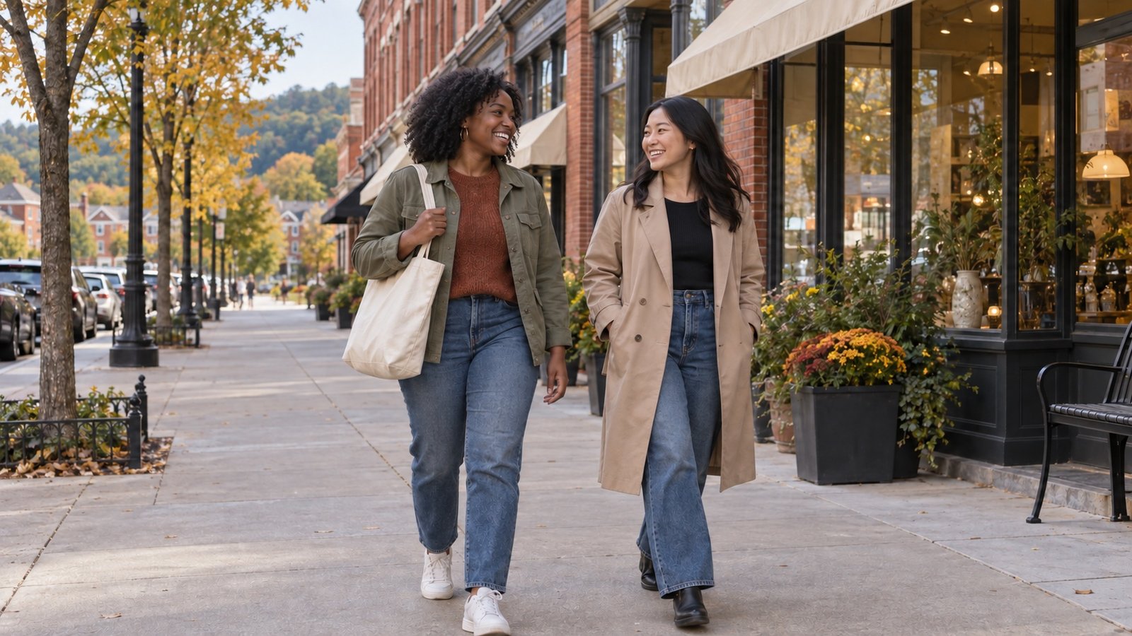 Two women walking beside brick shopfronts and trees