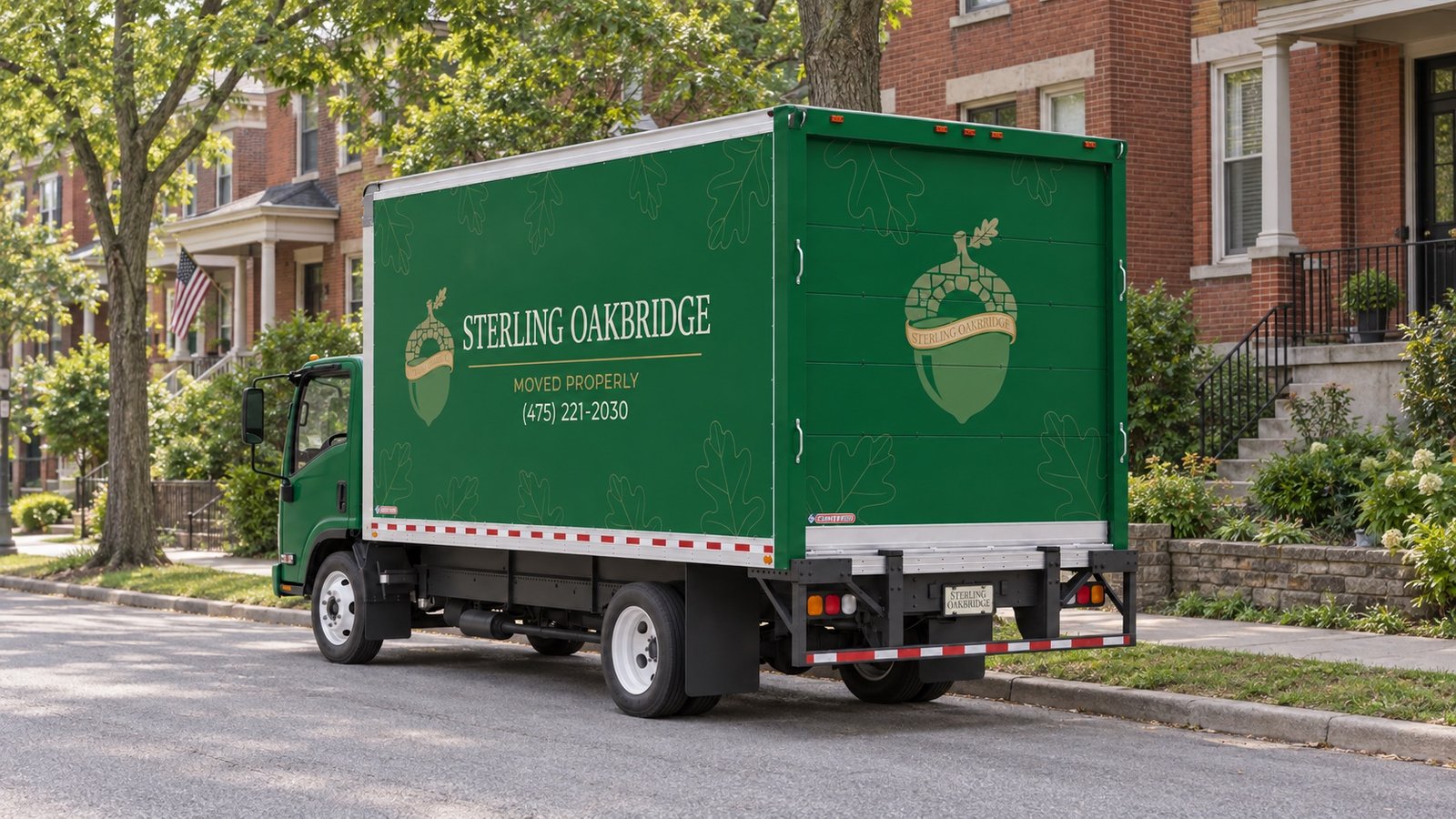 Green Sterling Oakbridge box truck with a closed rear door at a residential curb