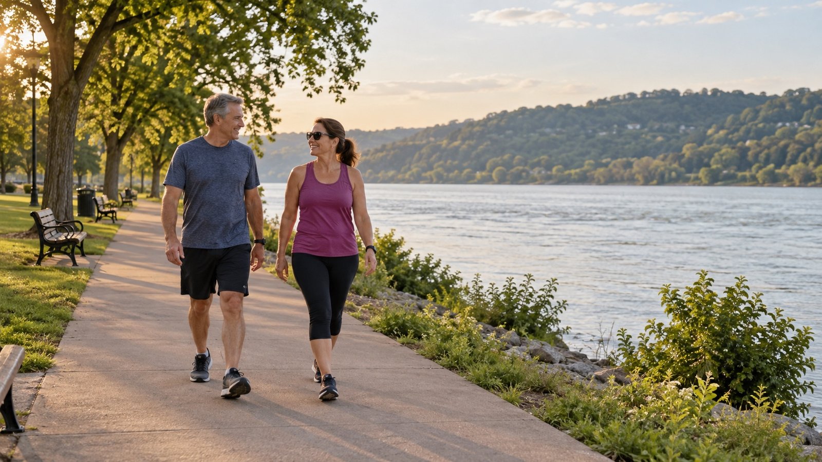 Two adults walking on a riverside path beside trees and benches