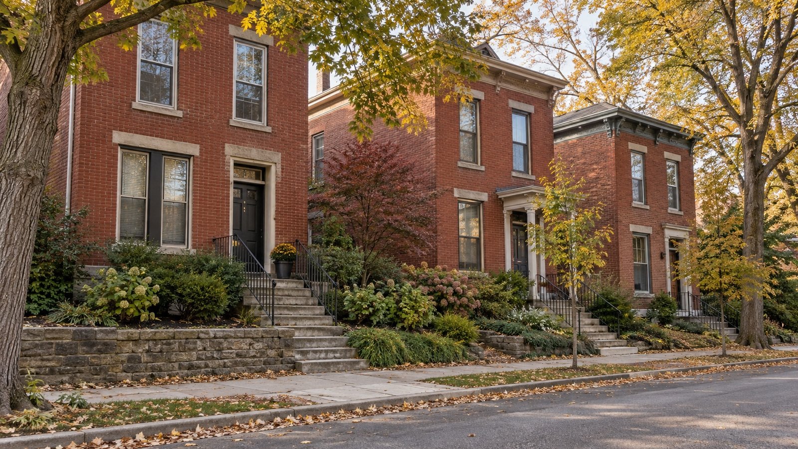 Three narrow red-brick houses with stone entry steps beside a leafy street