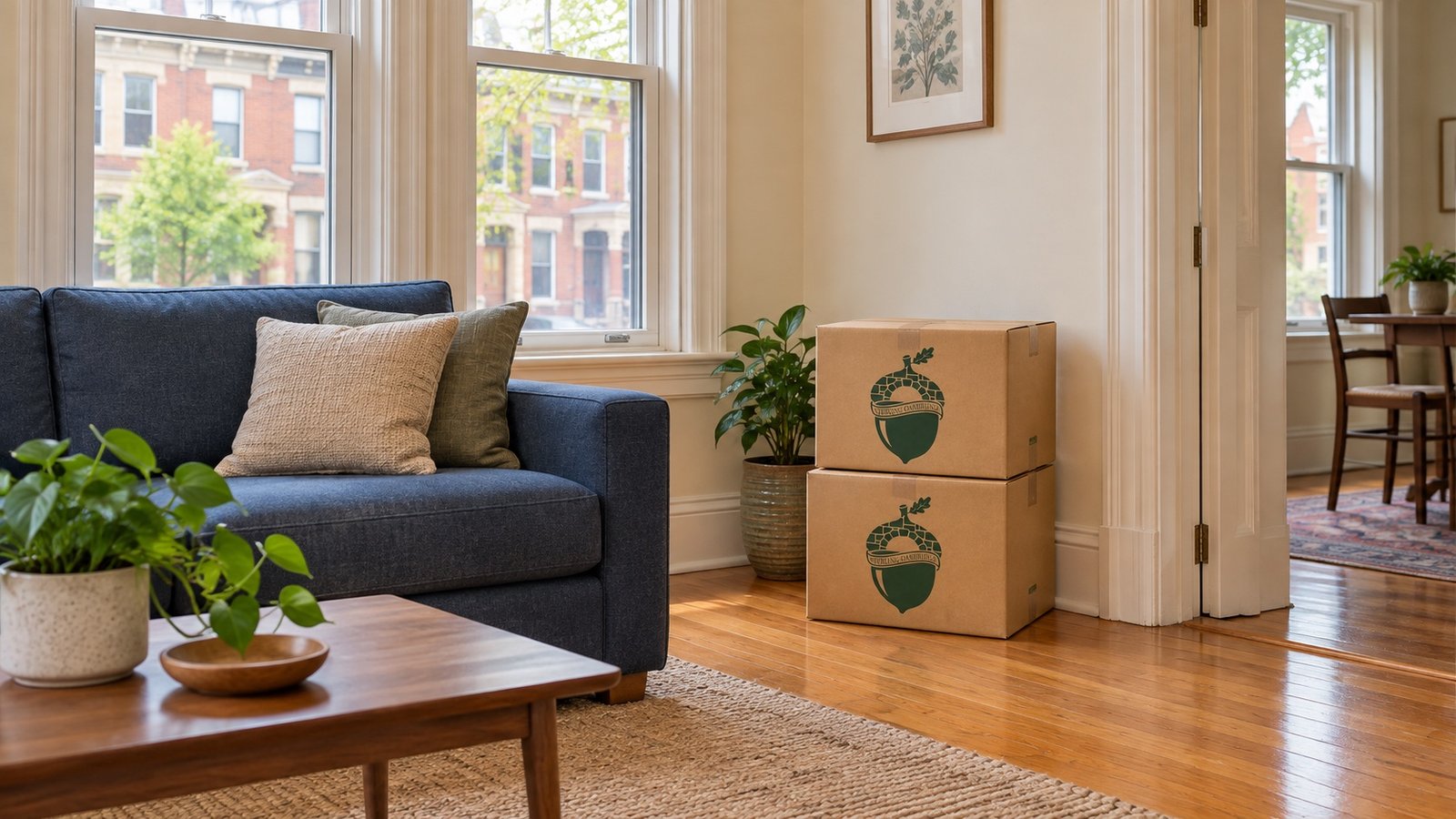 Two closed branded kraft cartons beside a blue sofa in a bright room
