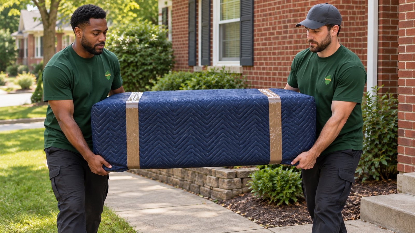 Two movers carrying a rectangular piece fully wrapped in a navy blanket and brown tape
