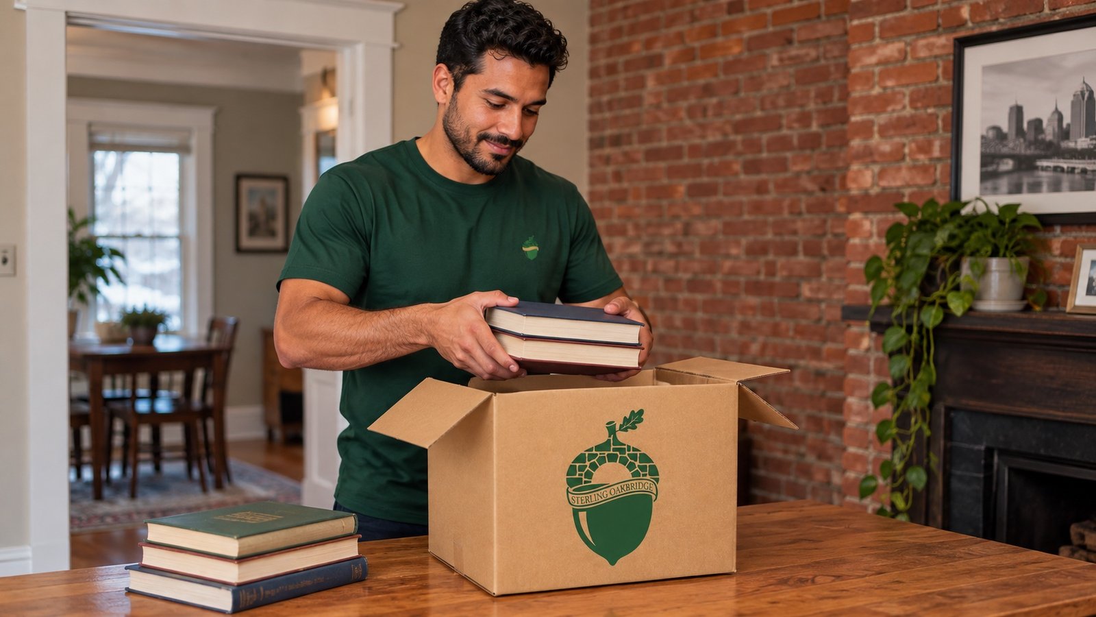 Mover in a green crewneck holding books above a small branded kraft carton