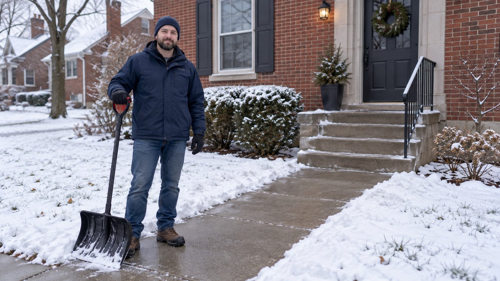 Man with a snow shovel beside a cleared path and brick-house steps