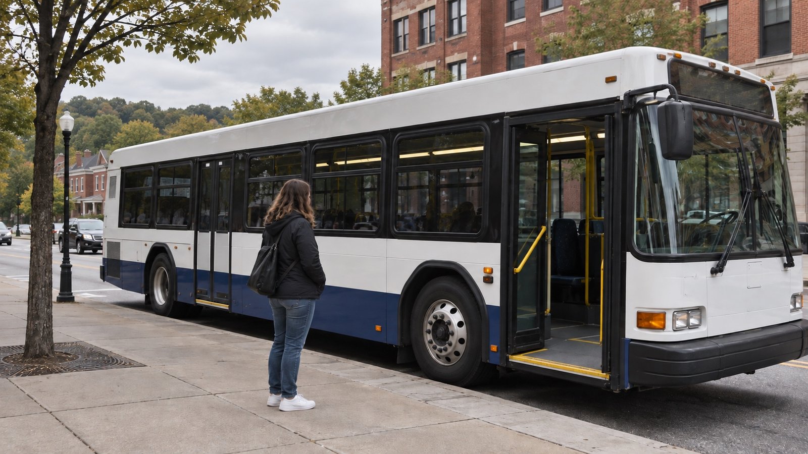 Woman waiting beside a white and navy bus with an open curb-facing door