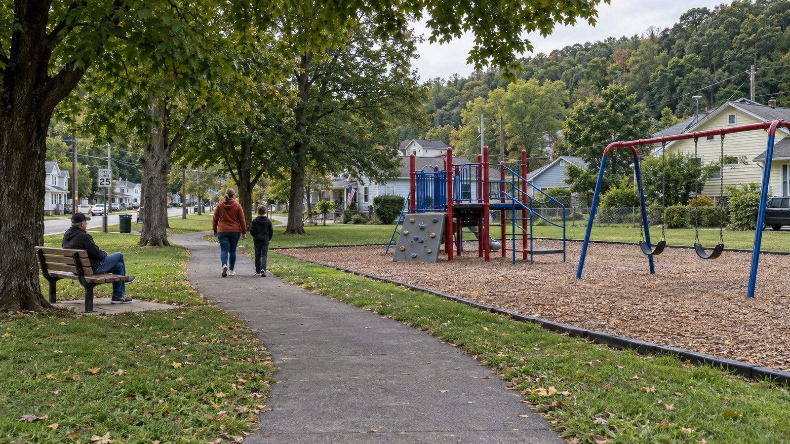 Adult and child on a path beside a playground, trees and a bench
