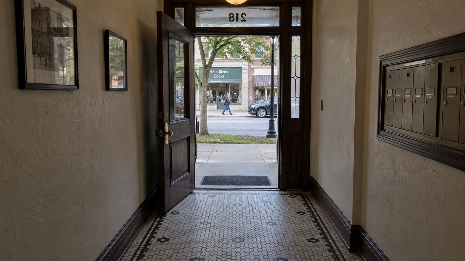 Tiled apartment vestibule with an open wood door and a clear view to the sidewalk