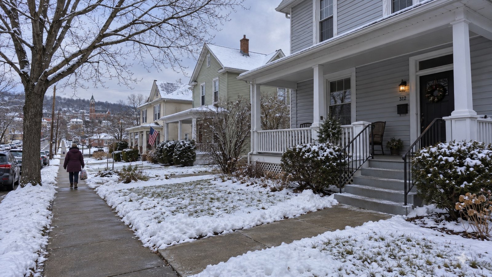 Cleared sidewalk and branching front walk beside snow-covered lawns and porch steps