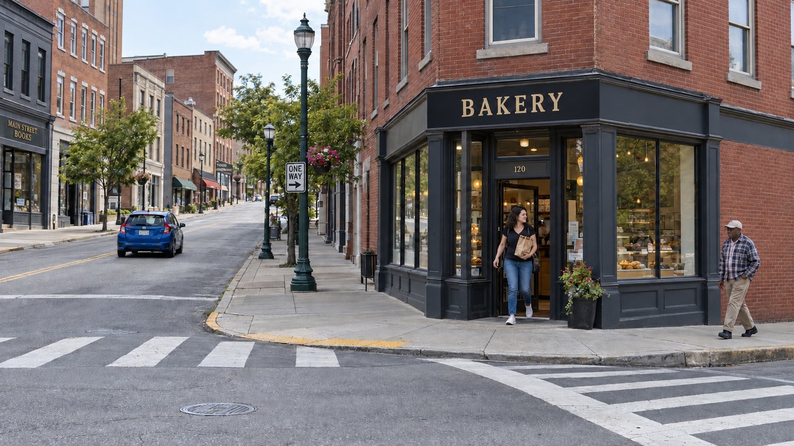 Woman leaving a corner bakery with a paper bag as another pedestrian passes on the sidewalk