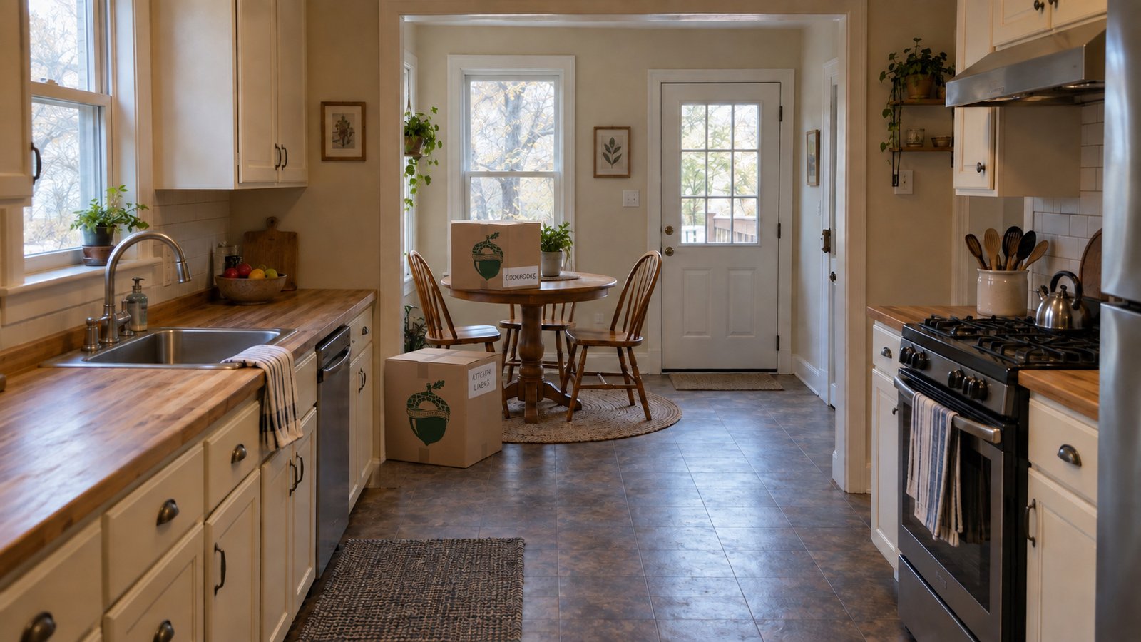 Small branded cookbook carton on a round breakfast table and a larger kitchen-linen carton beside it on the floor, beyond a galley kitchen