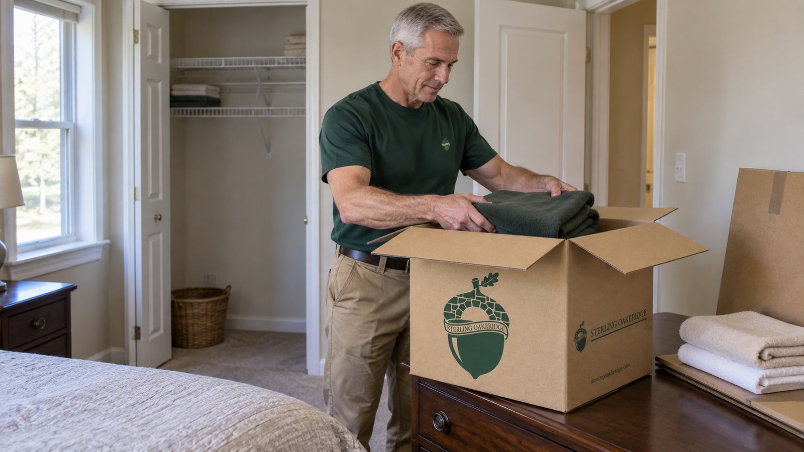 Folded towels packed beside the linen closet A mover places folded green towels into a branded carton on a bedroom dresser beside a partly emptied linen closet.