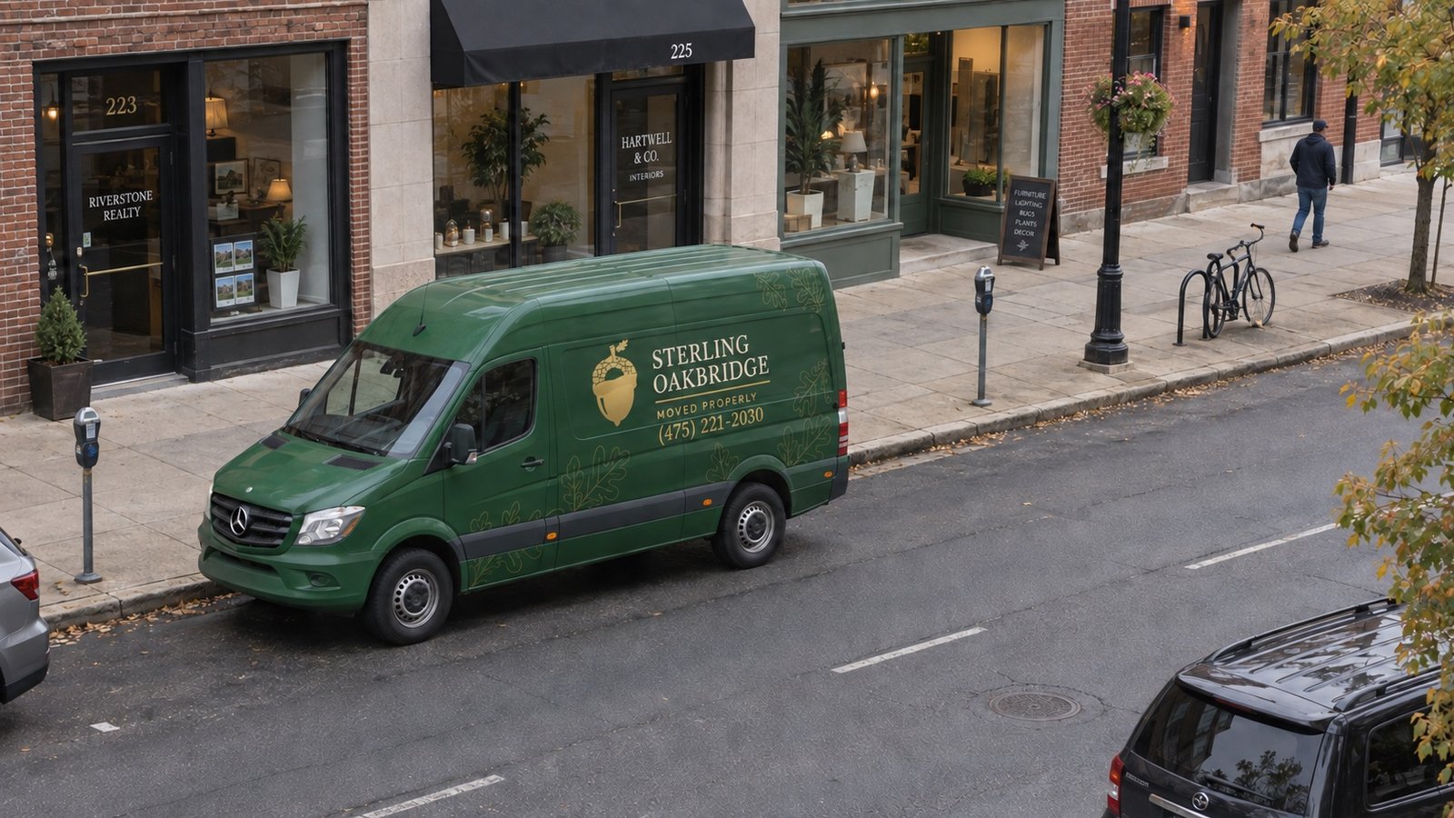 Green Sterling Oakbridge Sprinter beside parking meters, viewed from above with storefronts and a clear sidewalk