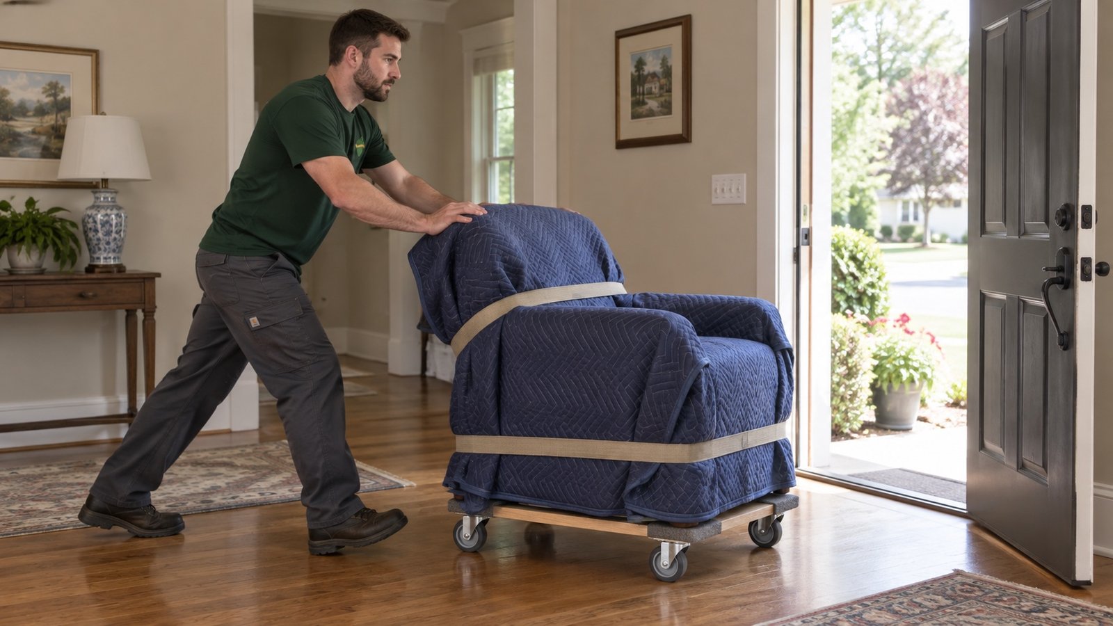 Mover pushing a blanket-protected armchair on a compact wooden furniture dolly toward an open doorway