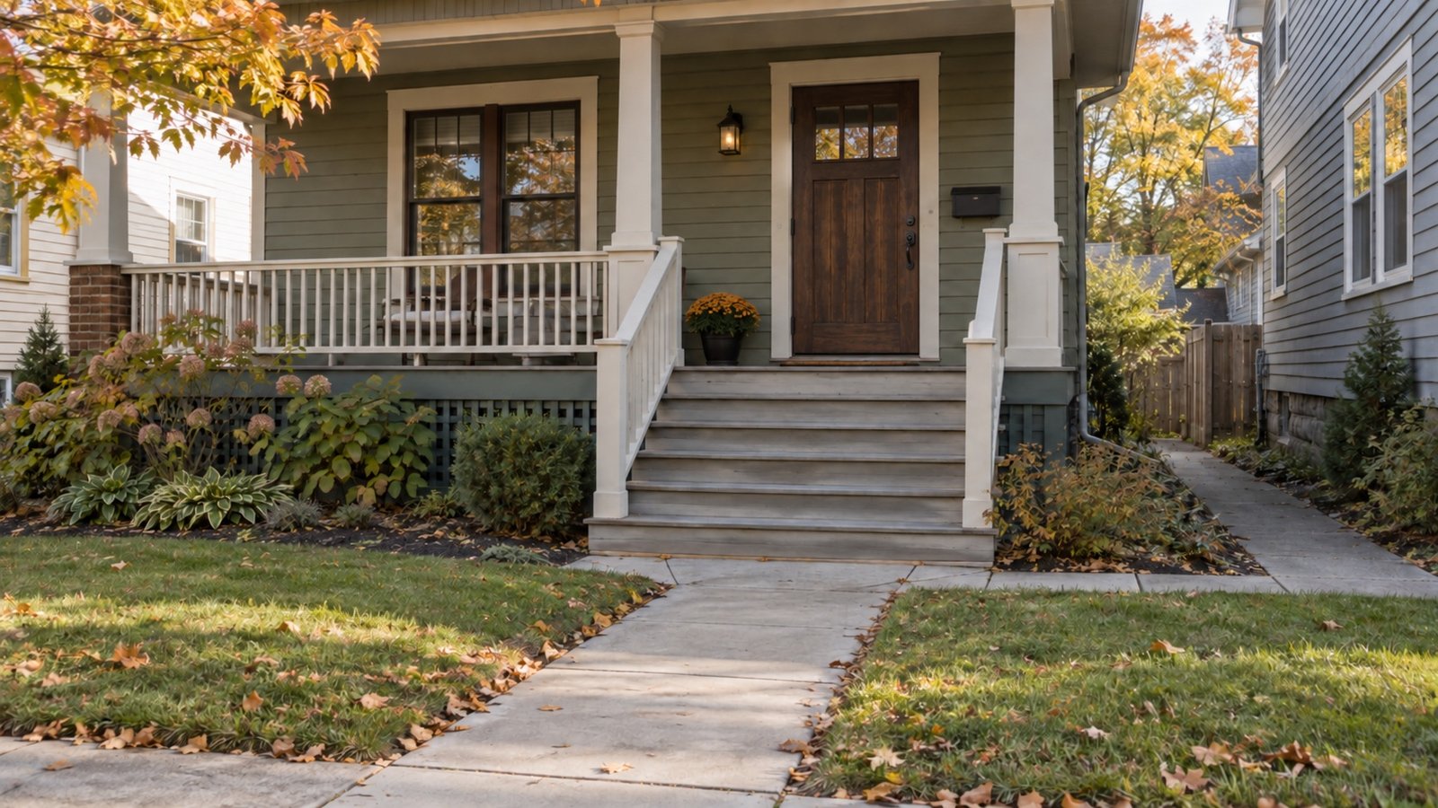 Wooden porch steps and handrails connecting a house door to the sidewalk