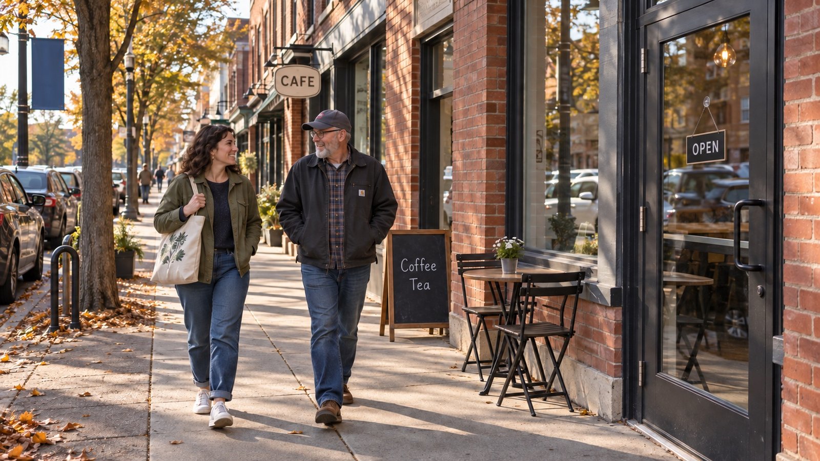 Two adults walking beside brick storefronts and tables along the wall