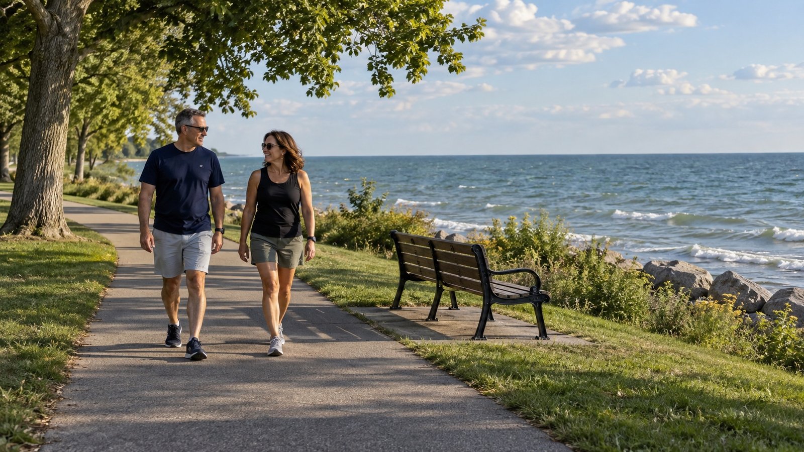 Two people walking on a lakeside path beside grass and a bench