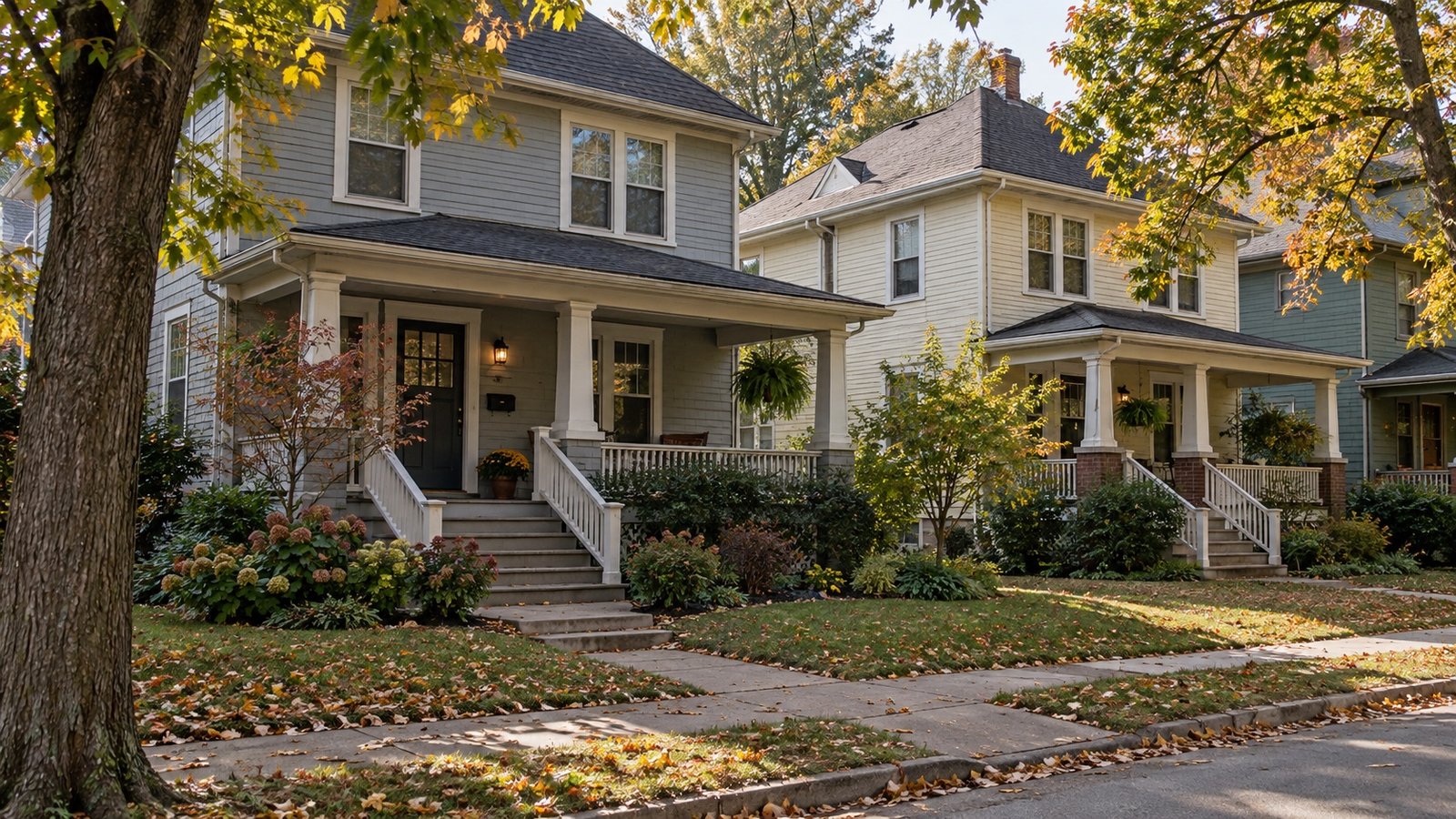 Wood-sided houses with covered front porches beside a tree-lined residential sidewalk