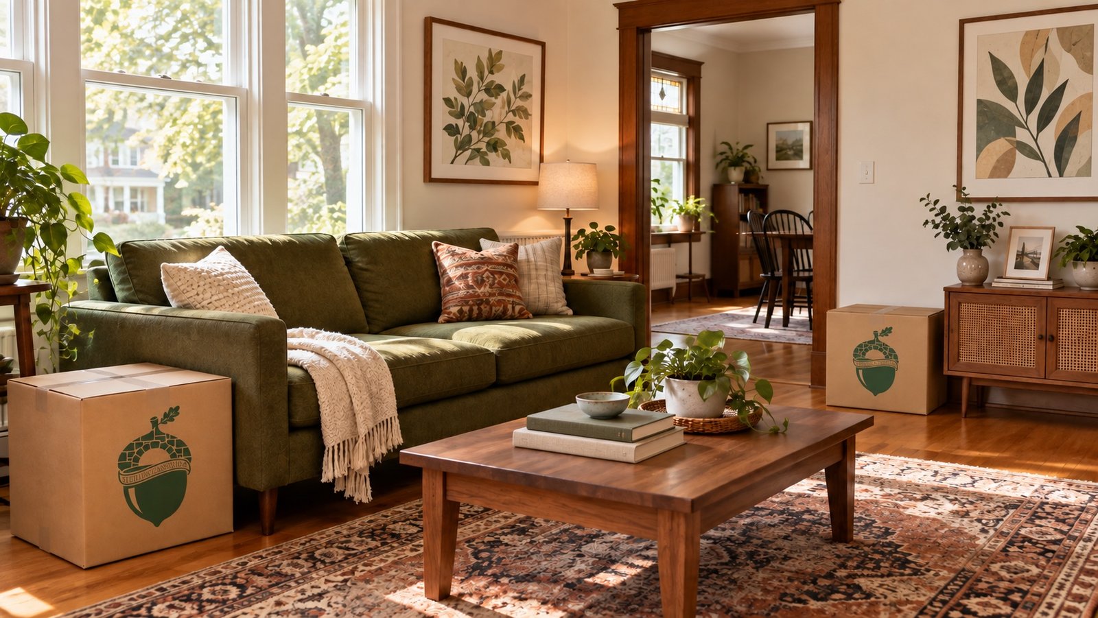 Two closed branded kraft cartons beside living-room furniture