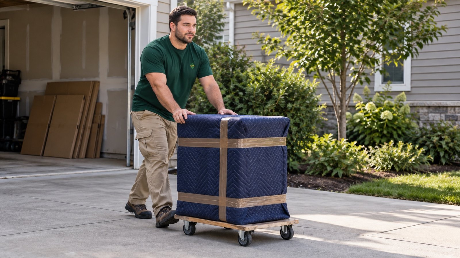 Mover pushing a blanket-wrapped furniture piece on a wooden dolly along a clear path