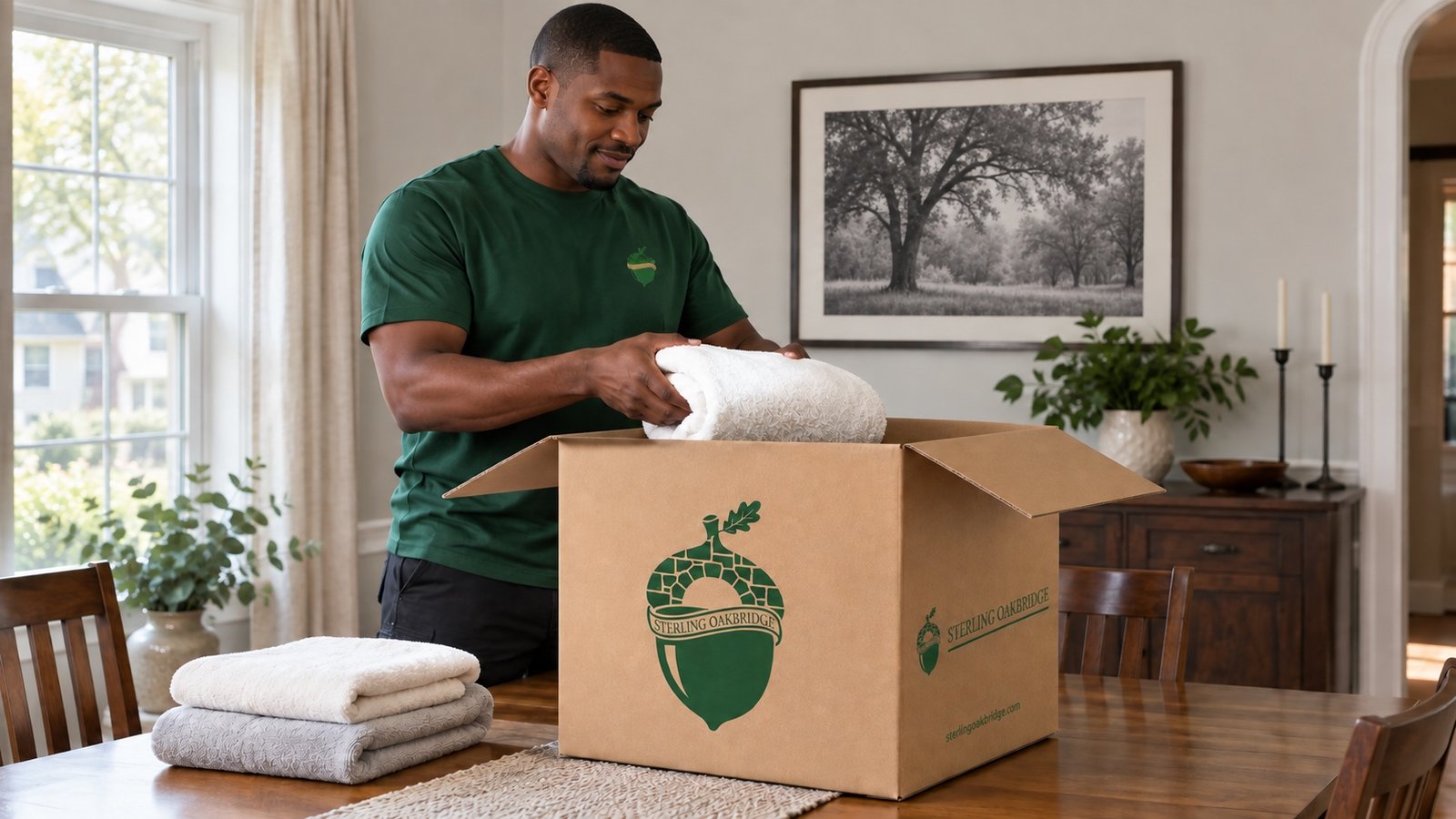 Mover in a green crewneck packing folded linens into a branded kraft carton