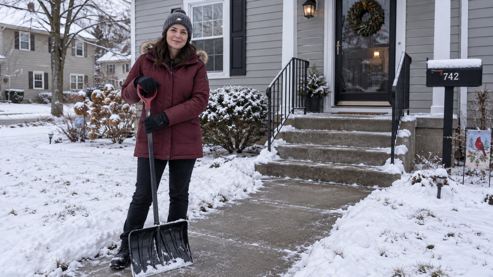 Woman with a snow shovel beside a cleared sidewalk and porch approach