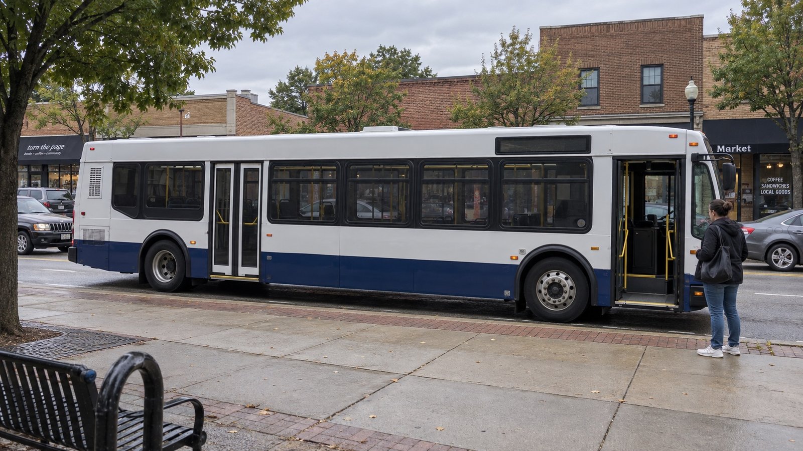 White and navy bus at a curb with passenger doors facing the sidewalk