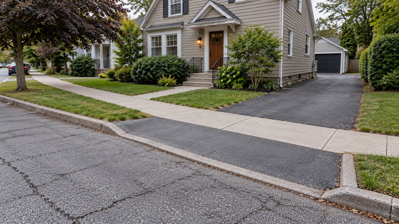 Keep the public sidewalk continuous across the driveway A complete residential driveway apron and its two curb transitions beside a continuous public sidewalk and a separate front walk to a low stepped entrance.