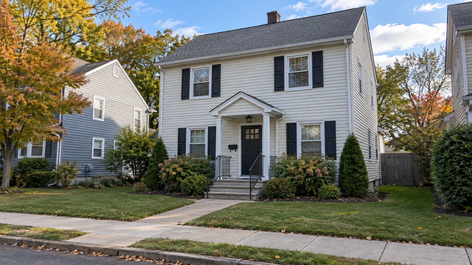 House frontage and complete arrival approach Light-sided two-story detached house with a gabled roof, front steps and landing, short private path and public sidewalk.
